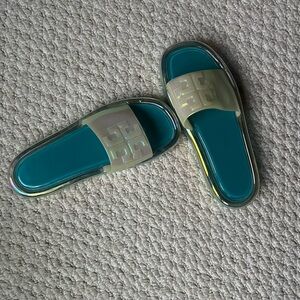 Teal and Cream Slide Sandals